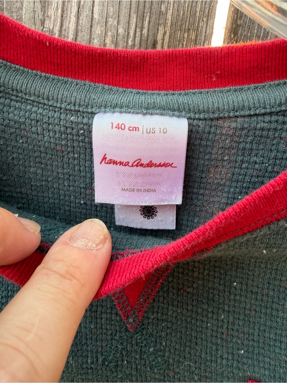 Size10 Hanna Andersson Green Waffle Knit Top with Red Trim